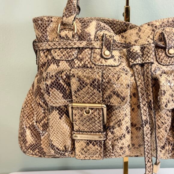 Michael Kors Satchel Shoulder Handbag Brown Tan Python Buckle Double Top Handles - Picture 2 of 12